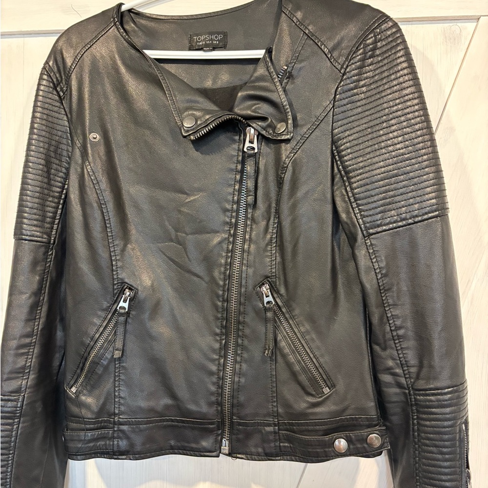 Topshop Dark Leather Biker Jacket